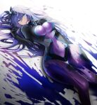  1girl bangs blue_eyes bodysuit breasts covered_navel hair_ornament highres large_breasts long_hair looking_at_viewer lying neptune_(series) on_back purple_bodysuit purple_hair purple_heart solo thighs xi_ying 