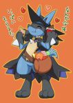  &lt;3 2019 3_fingers 3_toes ambiguous_gender anthro black_body blue_body blush candy cape chest_spike chocolate clothing cookie dessert enon eyes_closed feet fingers food hat headgear headwear hi_res japanese_text lucario nintendo orange_background pok&eacute;mon pok&eacute;mon_(species) simple_background smile solo spikes spikes_(anatomy) text toes video_games yellow_body 