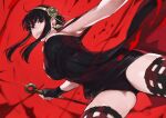  1girl bangs bare_shoulders black_dress black_gloves black_hair black_legwear black_panties blood blood_on_weapon blood_splatter breasts cleavage commentary cowboy_shot dagger dress earrings english_commentary fighting fingerless_gloves flower from_below gloves gold_hairband hair_flower hair_ornament hair_stick hairband highres holding holding_dagger holding_weapon jewelry jun_(seojh1029) knife large_breasts light_smile long_hair looking_at_viewer motion_blue panties parted_lips pencil_dress red_background red_eyes red_hair rose_hair_ornament short_hair_with_long_locks sidelocks simple_background skindentation slashing sleeveless sleeveless_dress solo spy_x_family strap_slip taut_clothes taut_dress thighhighs underwear upskirt weapon yor_briar zettai_ryouiki 