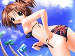  :d ass bangs bikini breasts brown_eyes brown_hair censored cloud cowboy_shot day dutch_angle flag_print from_behind from_below from_side game_cg hair_ornament hair_ribbon hairclip looking_at_viewer mosaic_censoring nagase_yutaka nipples open_mouth palm_tree parted_bangs print_bikini pussy ribbon side-tie_bikini sister_princess sky small_breasts smile solo swimsuit tree two_side_up union_jack untied untied_bikini yotsuba_(sister_princess) 