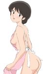 :d apron ass black_hair blush breasts brown_eyes cowboy_shot from_side highres maison_ikkoku medium_breasts naked_apron nanao_kozue no_panties oldschool open_mouth pink_apron short_hair sideboob simple_background smile solo tsukiyo_no_ribbon white_background 