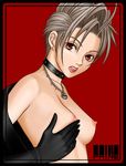  breast_lift breasts brown_eyes character_name choker earrings final_fantasy final_fantasy_x final_fantasy_x-2 gloves jewelry medium_breasts necklace nipples paine_(ff10) red_background short_hair silver_hair solo suhara_(protea) 