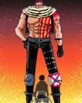  2boys age_difference blood charlotte_katakuri crossover fangs grabbing injury monkey_d_luffy multiple_boys muscle one_piece parody scar serious short_hair simple_background standing tattoo weapon 