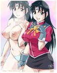  beet_the_vandel_buster black_hair blue_eyes blue_panties breasts circlet earrings fingerless_gloves gloves highleg highleg_panties jacket jewelry large_breasts long_hair milfa_(beet_the_vandel_buster) miniskirt odawara panties pencil_skirt skirt standing topless underwear 