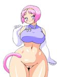  bare_shoulders blush bottomless breasts chinese_clothes copyright_request crop_top curvy elbow_gloves gloves large_breasts maruke non-web_source pink_hair plump purple_eyes pussy short_hair sleeveless solo tail wide_hips 