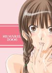  2006 ayakaze_ryuushou braid brown_eyes brown_hair cum face facial hair_over_shoulder kimi_kiss licking mizusawa_mao pink_background simple_background solo upper_body 