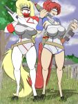  anna_(study_partners) anthro big_breasts blonde_hair breasts brown_body brown_fur cleavage clothed clothing duo equid equine female fur gun hair hi_res hooves horse mammal open_mouth outside plant ranged_weapon red_hair sailoranna sara_(sailoranna) tree weapon white_body white_fur 