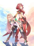  2girls ass bangs bare_legs bare_shoulders black_legwear blonde_hair breasts chest_jewel clothing_cutout commentary_request dress earrings elbow_gloves gem gloves headpiece highres jewelry large_breasts long_hair looking_at_viewer mirin. multiple_girls mythra_(xenoblade) pantyhose pyra_(xenoblade) red_hair short_dress short_hair simple_background smile super_smash_bros. swept_bangs thigh_strap tiara very_long_hair white_dress white_footwear white_gloves xenoblade_chronicles_(series) xenoblade_chronicles_2 yellow_eyes 