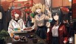  3girls :p absurdres ambiguous_gender animal_ears arknights black_skirt blonde_hair blue_necktie collared_shirt cup doctor_(arknights) drinking_glass ear_piercing exusiai_(arknights) food hair_between_eyes halo hand_up highres holding holding_cup holding_plate hood hood_down hooded_sweater indoors jacket lantern looking_at_viewer multiple_girls neck_ribbon necktie no_wings open_clothes open_jacket open_mouth orange_juice paper_lantern penguin_logistics_(arknights) penguin_logistics_logo piercing plate pleated_skirt red_jacket red_ribbon ribbon shirt short_hair shuimo skirt smile sora_(arknights) sweater texas_(arknights) tongue tongue_out twintails v watch white_shirt white_sweater wine_glass wolf_ears wristwatch 
