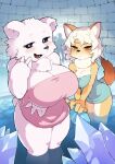  anthro breasts canid canine cleavage clothed clothing duo_focus eyebrows female fur group hair hi_res ice_(interspecies_reviewers) interspecies_reviewers looking_at_viewer mammal masha neck_tuft partially_submerged pink_towel polar_bear teeth tongue towel towel_only tuft ursid ursine water white_body white_ears white_eyebrows white_fur white_tail 
