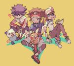  1girl 2boys :d ? bangs bodysuit bright_pupils brown_eyes brown_hair commentary_request double_bun eyelashes fingerless_gloves gloves huan_li hugh_(pokemon) jacket long_hair multiple_boys nate_(pokemon) open_mouth oshawott pants pantyhose pokemon pokemon_(creature) pokemon_(game) pokemon_bw2 purple_hair raglan_sleeves red_headwear red_jacket rosa_(pokemon) seashell shell shirt shoes short_hair shorts sitting smile sneakers snivy spiked_hair squatting starter_pokemon_trio tepig tongue twintails v visor_cap white_pupils yellow_background 