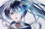  1girl black_hair black_rock_shooter black_rock_shooter_(character) blue_eyes blurry chain choker commentary_request depth_of_field eyelashes face highres jacket looking_at_viewer open_mouth parted_lips solo twintails tyokon-gohan upper_body white_background 