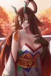  1girl autumn backlighting bare_shoulders breasts brown_hair claws cleavage collarbone cslucaris detached_sleeves fate/grand_order fate/requiem fate_(series) gradient_hair grin hair_between_eyes highres horns japanese_clothes kijo_kouyou_(fate) kimono large_breasts long_hair looking_at_viewer multicolored_hair orange_hair orange_sky ponytail rope sash sky sleeveless sleeveless_kimono slit_pupils smile solo tree twilight very_long_hair white_kimono wide_sleeves yellow_eyes 