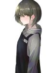  1girl absurdres apron black_apron blush expressionless green_eyes green_hair grey_hoodie highres hood hoodie idolmaster idolmaster_shiny_colors looking_at_viewer name_tag nanakusa_nichika short_hair simple_background solo white_background zohyo 