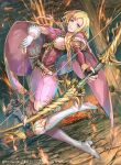  1girl archery asymmetrical_gloves bisaiiiii blonde_hair boots bow_(weapon) braid company_name copyright_name fingerless_gloves fire_emblem fire_emblem:_the_blazing_blade fire_emblem_cipher gloves grin holding holding_weapon looking_at_viewer louise_(fire_emblem) molten_rock official_art outdoors purple_eyes purple_gloves purple_legwear quiver skirt smile solo_focus thigh_boots thighhighs weapon white_footwear white_gloves 