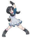  1girl black_eyes black_hair breasts dragon_ball dragon_ball_z fingerless_gloves full_body gloves highres long_hair okera open_mouth shirt simple_background solo twintails videl white_background white_shirt 