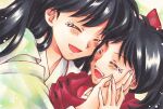  2girls anemone_love bangs black_hair bow cloak closed_eyes eyebrows_visible_through_hair fangs fingernails hair_bow han&#039;you_no_yashahime hand_on_another&#039;s_face hand_on_another&#039;s_hand highres higurashi_kagome hug inuyasha japanese_clothes kimono moroha mother_and_daughter multiple_girls open_mouth ponytail red_bow sharp_fingernails tears 