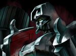  1980s_(style) 1boy armor barrel_(weapon) cannon decepticon gun handgun highres huge_weapon makoto_ono male_focus megatron retro_artstyle science_fiction transformers walther walther_p38 weapon yellow_eyes 