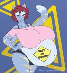  2017 anthro bedroom_eyes belly big_belly big_breasts breasts clothing digital_media_(artwork) english_text female hair hand_on_hip herpestid huge_breasts hyper hyper_belly hyper_pregnancy mammal maya_(gamemaster19863) mongoose narrowed_eyes navel outie_navel panties pregnant red_eyes satsumalord seductive sign solo text topwear underwear 