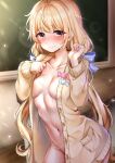  1girl absurdres blonde_hair blue_ribbon blush breasts cardigan closed_mouth collarbone commentary_request eyebrows_visible_through_hair furong_(furong_0) futaba_anzu hair_ribbon highres idolmaster idolmaster_cinderella_girls idolmaster_cinderella_girls_starlight_stage lifted_by_self long_hair long_sleeves looking_at_viewer low_twintails medium_breasts naked_cardigan navel open_cardigan open_clothes ribbon solo sweat twintails very_long_hair yellow_cardigan yellow_eyes 