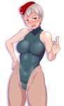  1girl beret blush breasts brown_eyes cammy_white cammy_white_(cosplay) character_request cosplay cowboy_shot girls_und_panzer green_leotard grey_hair hat highleg highleg_leotard index_finger_raised large_breasts leotard naomi_(girls_und_panzer) nose_blush red_headwear simple_background solo street_fighter street_fighter_ii_(series) tanaka_rikimaru turtleneck white_background 