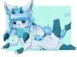  3_toes 4_fingers absurd_res ambiguous_gender anthro blue_body blue_eyes blue_fur blue_hair blue_horn blue_nose blue_tongue blush blush_lines chest_tuft claws dragon eeveelution featureless_crotch feet fingers fur glaceon hair hi_res horn hybrid inner_ear_fluff lying nintendo on_front paws pok&eacute;mon pok&eacute;mon_(species) puniwanko simple_background solo toes tongue tongue_out tuft video_games wings 