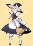  1girl alice_margatroid apron black_footwear black_skirt blonde_hair bloomers blue_eyes broom commeowdore cosplay costume_switch hat hat_ribbon highres kirisame_marisa open_mouth overalls ribbon short_hair short_sleeves simple_background skirt smile socks star_(symbol) touhou underwear 