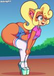  activision anthro bandicoot bent_over big_butt blonde_hair bottom_heavy bottomwear breasts butt clothing coco_bandicoot collar crash_bandicoot_(series) digital_media_(artwork) dongitos ear_piercing female hair hi_res high_heels hotpants huge_hips legwear mammal marsupial midriff outside piercing ponytail shorts small_breasts solo thick_thighs thigh_highs video_games 