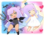  2girls :d ;) angel_and_devil bangs bare_arms bare_shoulders black_legwear black_leotard black_wings blue_hair blue_headwear blush_stickers commentary_request covered_navel detached_wings double_bun dress dual_persona eyebrows_visible_through_hair fang gradient_hair green_eyes halo hand_up hat heart hiro_hiroki holding leotard mini_hat mini_wings multicolored_hair multiple_girls no_shoes one_eye_closed polearm puniru_(puniru_wa_kawaii_slime) puniru_wa_kawaii_slime purple_hair shoes sleeveless sleeveless_dress smile socks sparkle star_(symbol) translation_request trident v weapon white_dress white_footwear white_wings wings 