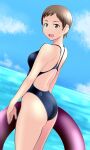  1girl ass black_swimsuit blue_sky brown_eyes brown_hair cloud commentary_request competition_swimsuit day from_behind girls_und_panzer horizon innertube kojima_emi looking_at_viewer ocean one-piece_swimsuit outdoors short_hair sky solo standing swimsuit tanaka_rikimaru 