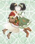  2girls absurdres basket black_eyes black_hair boots bracelet brown_footwear dress dual_persona erika_(pokemon) flower full_body fur_trim green_dress green_hairband hair_flower hair_ornament hairband highres holding holding_basket holding_hands jewelry kurosawa_karura long_sleeves looking_at_another multiple_girls official_alternate_costume parted_lips pokemon pokemon_(game) pokemon_masters_ex short_hair short_sleeves smile yellow_hairband 