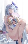  1girl absurdres artist_name bare_legs blue_hair blush breasts china_dress chinese_clothes choyeon cleavage closed_mouth commission dress eyebrows_behind_hair food gloves hair_ribbon half_gloves halterneck hand_fan high_heels highres large_breasts long_hair macaron no_panties one_side_up original paper_fan pelvic_curtain purple_eyes revealing_clothes ribbon second-party_source shiny shiny_skin single_glove sitting smile solo uchiwa very_long_hair white_gloves yuksi_(yuksi) 
