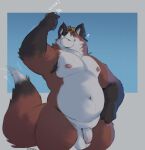  anthro balls belly bodily_fluids canid canine cellphone flaccid foreskin fox fupa genitals hand_on_hip hi_res male mammal minedoo moobs navel nipples nude overweight overweight_male penis phone selfie smile solo sweat thick_thighs 