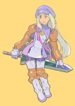  1girl armor bangs blonde_hair boots breasts character_request copyright_request dress full_body gauntlets gloves hat leggings long_bangs long_hair medallion open_mouth orange_eyes pauldrons platinum_blonde_hair poleyn purple_dress purple_gloves purple_headwear sarmat shield short_dress shoulder_armor simple_background solo strap sword thigh_boots thighhighs weapon white_footwear 