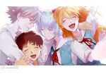  2boys 2girls :d ^_^ aqua_skirt arm_around_neck arm_up ayanami_rei blurry breasts brown_hair chromatic_aberration closed_eyes collarbone collared_shirt depth_of_field dress_shirt facing_viewer grey_hair group_hug hair_between_eyes hairpods hand_on_another&#039;s_arm happy hug ikari_shinji jitome laughing letterboxed light_blue_hair light_blush light_particles lineup long_hair looking_down marehito multiple_boys multiple_girls nagisa_kaworu neck_ribbon neon_genesis_evangelion open_mouth orange_hair pale_skin parted_lips profile red_eyes red_ribbon ribbon school_uniform shade shiny shiny_hair shirt short_hair sidelighting skirt small_breasts smile smirk souryuu_asuka_langley spiked_hair suspender_skirt suspenders teeth tokyo-3_middle_school_uniform twitter_username upper_teeth v-shaped_eyebrows white_shirt 