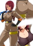  1girl ass belt breasts choker hand_on_hip highres leg_strap looking_at_viewer military military_uniform multiple_views okyou shirt short_hair t-shirt the_king_of_fighters uniform whip whip_(kof) white_background 
