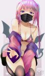  1girl bare_shoulders black_legwear black_wings bra breasts chita_(ketchup) cleavage collarbone demon_girl demon_tail demon_wings grey_background hair_ornament hairclip heart highres jacket long_hair long_sleeves looking_at_viewer mask medium_breasts mouth_mask nail_polish navel no_shoes off_shoulder open_clothes open_jacket original panties pink_bra pink_hair pink_jacket pink_panties purple_nails signature sleeves_past_wrists solo surgical_mask tail thighhighs twintails underwear very_long_hair wings x_hair_ornament 