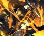  1boy 1other arknights bishounen black_hair blurry blurry_foreground commentary_request cowboy_shot doctor_(arknights) fire flame flamebringer_(arknights) infection_monitor_(arknights) katana male_focus morini_ochiteru orange_eyes pointy_ears serious short_hair solo sword teeth_hold toned toned_male weapon 