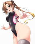  1girl akigumo_(kancolle) akigumo_kai_ni_(kancolle) alternate_costume black_ribbon black_swimsuit breasts brown_hair commentary_request competition_swimsuit covered_nipples from_below green_eyes grey_legwear hair_ribbon highleg highleg_swimsuit highres kantai_collection long_hair mole mole_under_eye multicolored_clothes multicolored_swimsuit one-piece_swimsuit ponytail purple_swimsuit ribbon small_breasts solo standing swimsuit thighhighs two-tone_ribbon white_ribbon white_swimsuit yoshi_tama 