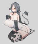  1girl absurdres animal_ears animal_print arm_support artist_name bare_shoulders bell black_gloves blush breasts cleavage collar collarbone commentary_request covered_nipples cow_print cowbell dated elbow_gloves full_body furrowed_brow gloves grey_background grey_hair highres horns kneeling long_hair looking_to_the_side muroku_(aimichiyo0526) neck_bell no_nose open_mouth original seiza shadow simple_background sitting solo strapless sweat tail tail_raised thick_thighs thighhighs thighs tube_top very_long_hair 