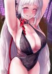  1girl absurdres armpits arms_up azur_lane black_dress breasts center_opening dime-san dress evening_gown eyebrows_visible_through_hair highres huge_breasts long_hair looking_at_viewer official_alternate_costume pink_eyes plunging_neckline presenting_armpit smile solo very_long_hair white_hair yorck_(azur_lane) yorck_(breaker_under_the_blood_moon)_(azur_lane) 