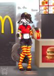  anthro beverage blush burger canid canine canis clothing crop_top domestic_dog ear_piercing fleurfurr food girly hi_res legwear male mammal mcdonald&#039;s piercing shirt soda soda_cup solo thigh_highs topwear 