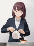  1girl bangs black_suit business_suit collared_shirt cup formal grey_eyes holding holding_teapot mattaku_mousuke medium_hair office_lady original parted_lips pouring shirt solo spilling suit tea teacup teapot upper_body white_shirt 