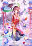  1girl absurdres ball bangs blush brown_eyes brown_hair cherry_blossoms closed_mouth eyebrows_visible_through_hair fish floral_print flower full_body furisode goldfish hair_flower hair_ornament highres holding holding_umbrella japanese_clothes kanoko_(pattern) kanzashi kikkoumon kikumon kimono lamppost lantern looking_at_viewer mihayuuno nail_art nail_polish oil-paper_umbrella original outdoors petals print_kimono red_flower red_kimono red_nails sakuramon shippou_(pattern) smile solo swept_bangs tabi temari_ball tree umbrella uroko_(pattern) water white_flower white_legwear white_umbrella wide_sleeves wooden_lantern yagasuri 