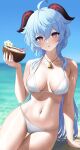  1girl absurdres ahoge arm_support artist_name bangs beach bikini blue_hair blurry blurry_background blush breasts coconut commentary drink drinking_straw ganyu_(genshin_impact) genshin_impact goat_horns hair_between_eyes halterneck hand_up highres holding holding_drink horns jewelry kohanayuki large_breasts long_hair looking_at_viewer multicolored_eyes navel necklace ocean parted_lips purple_eyes sidelocks sitting solo stomach sweat swimsuit thigh_gap thighs very_long_hair white_bikini yellow_eyes 