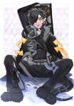  1boy arknights arrow_(symbol) bishounen black_hair blue_sealad boots corroserum_(arknights) ear_piercing fang fangs full_body hair_over_one_eye hand_up highres male_focus one_eye_covered open_mouth piercing pointy_ears respirator short_hair sitting snake_boy snake_tail solo spread_legs tail 