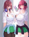  2girls black_bra black_legwear blue_bra blue_eyes blush bra bra_visible_through_clothes breasts bursting_breasts cellphone clothes_around_waist collarbone eyebrows_visible_through_hair go-toubun_no_hanayome green_skirt hair_ribbon hand_up headphones headphones_around_neck holding holding_phone large_breasts long_hair looking_at_viewer micosiva multiple_girls nakano_miku nakano_nino open_mouth pantyhose phone pink_hair red_hair ribbon school_uniform shirt short_sleeves skirt smartphone smartphone_case sweater sweater_around_waist thighhighs two_side_up underwear white_legwear white_shirt 