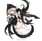  1girl absurdres ahoge arknights ass bangs bare_shoulders black_legwear crocodilian_tail grey_hair highres hood hoodie looking_at_viewer pointy_ears short_hair simple_background solo tail thighhighs tomimi_(arknights) torn_clothes white_background xiudie yellow_eyes 