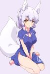  1girl :o animal_ear_fluff animal_ears blue_dress bow breasts china_dress chinese_clothes cleavage commentary_request copyright_request dress eyebrows_visible_through_hair hair_bow highres looking_at_viewer medium_breasts mel_(melty_pot) purple_background purple_bow short_hair simple_background sitting solo thighs wariza white_hair yellow_eyes 