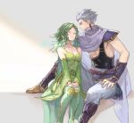  1boy 1girl armguards breasts cape cleavage cloak closed_eyes detached_sleeves earrings edward_geraldine final_fantasy final_fantasy_iv green_hair grey_hair jewelry looking_at_another rydia_(ff4) sasanomesi sitting smile 